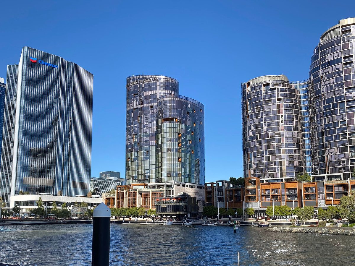 Modern office towers along the Elizabeth Quay waterfront in Perth, Western Australia